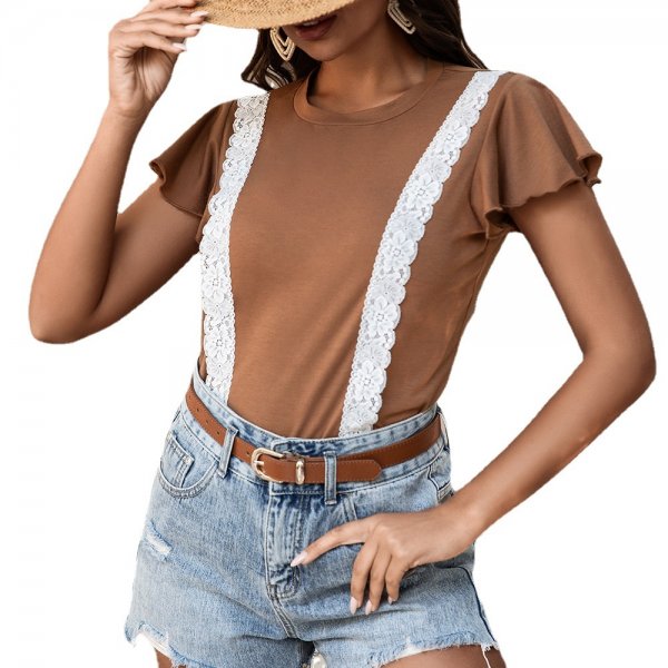 Plain Lace Lace Short Sleeve T-shirt With Flounces